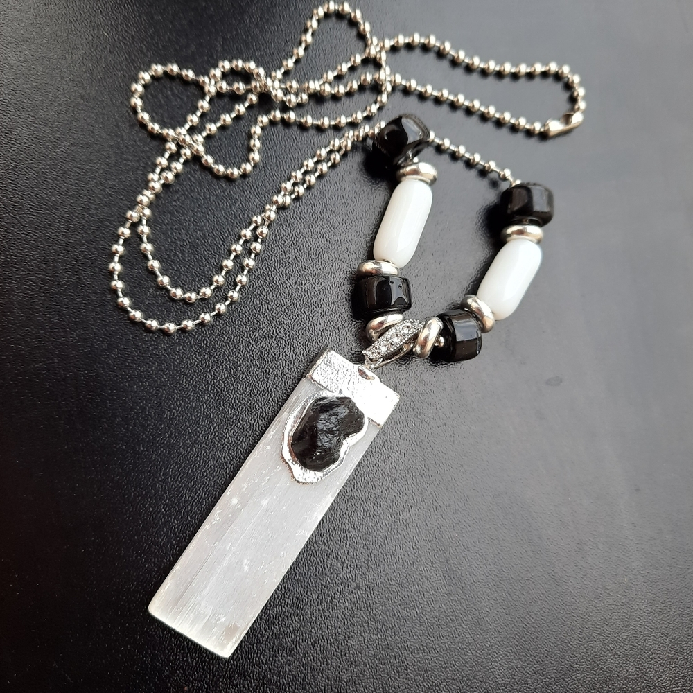 SOLD!!! Selenite Stick with Black Tourmaline Stainless Ball Chain Necklace